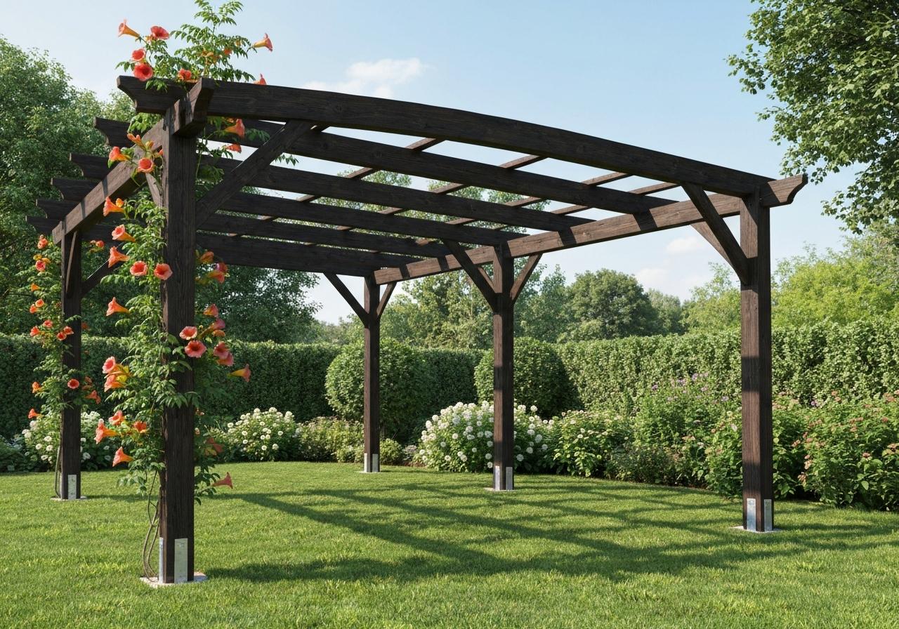 Bignone en fleurs sur pergola en bois au jardin