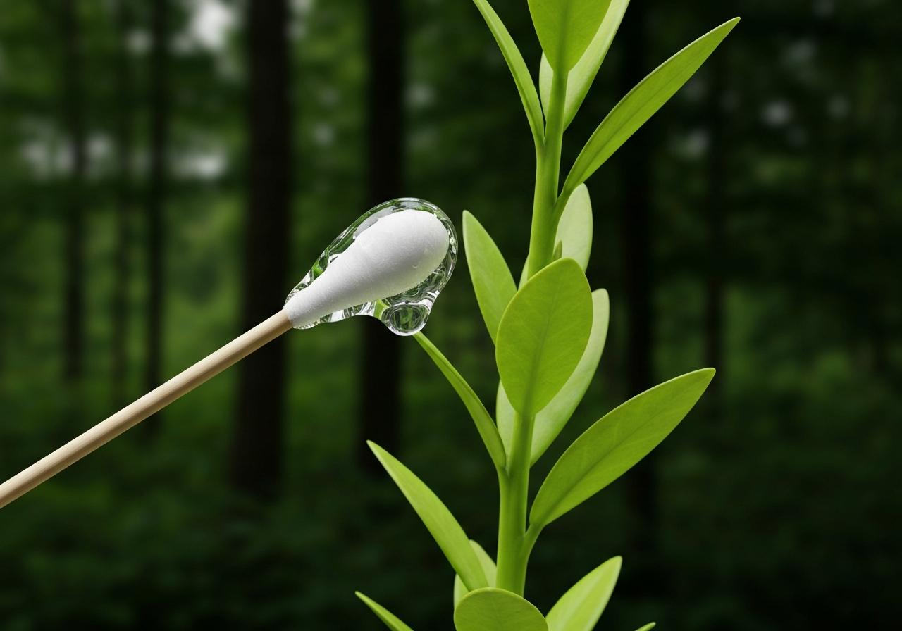 Coton-tige alcool appliqué sur feuille plante verte