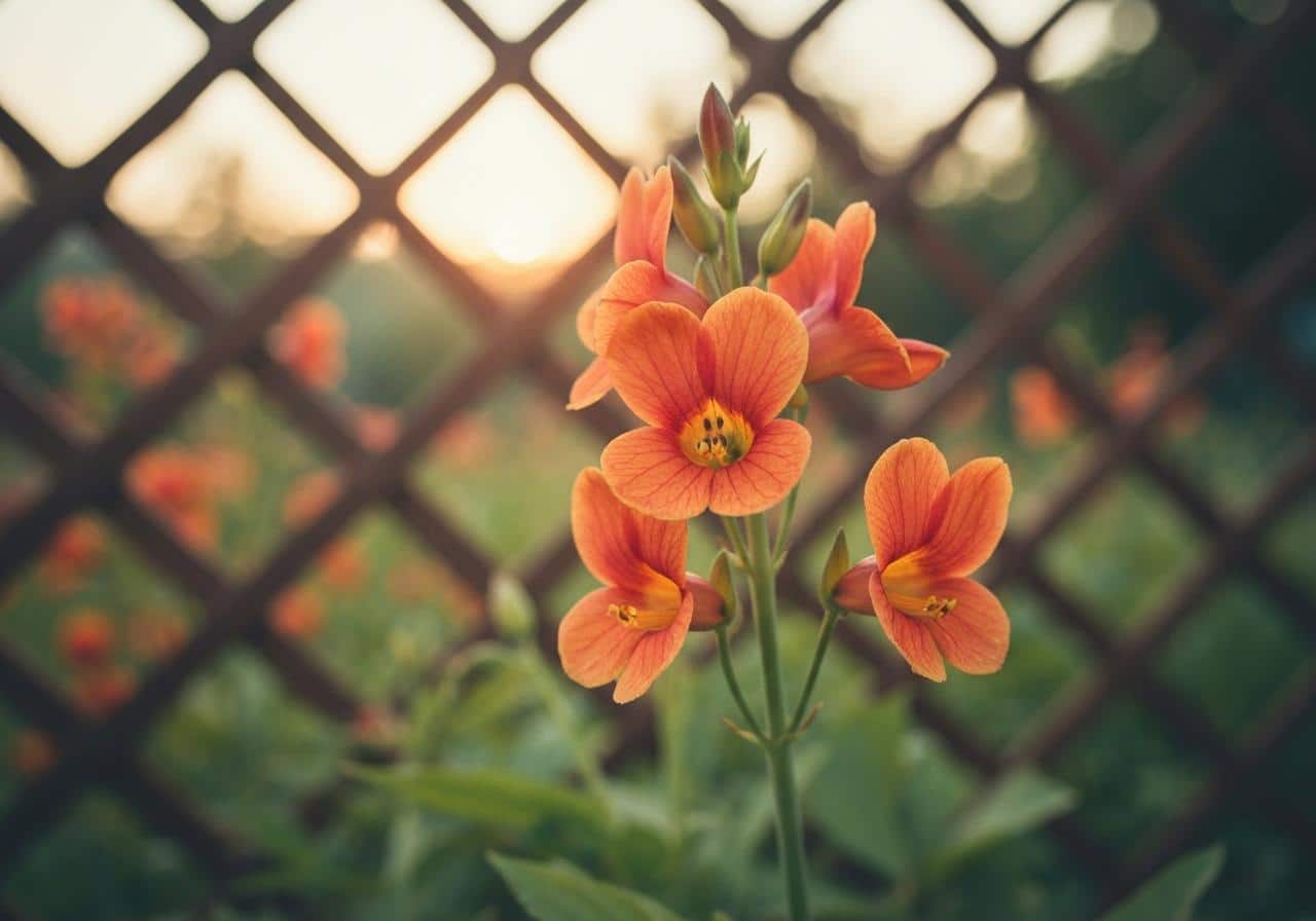 Fleurs de bignone orange en grappes sur treillis