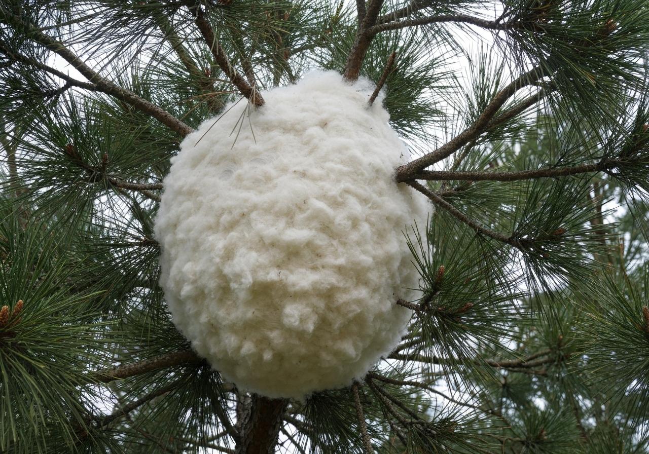 Nid de chenilles processionnaires dans les branches d'un pin