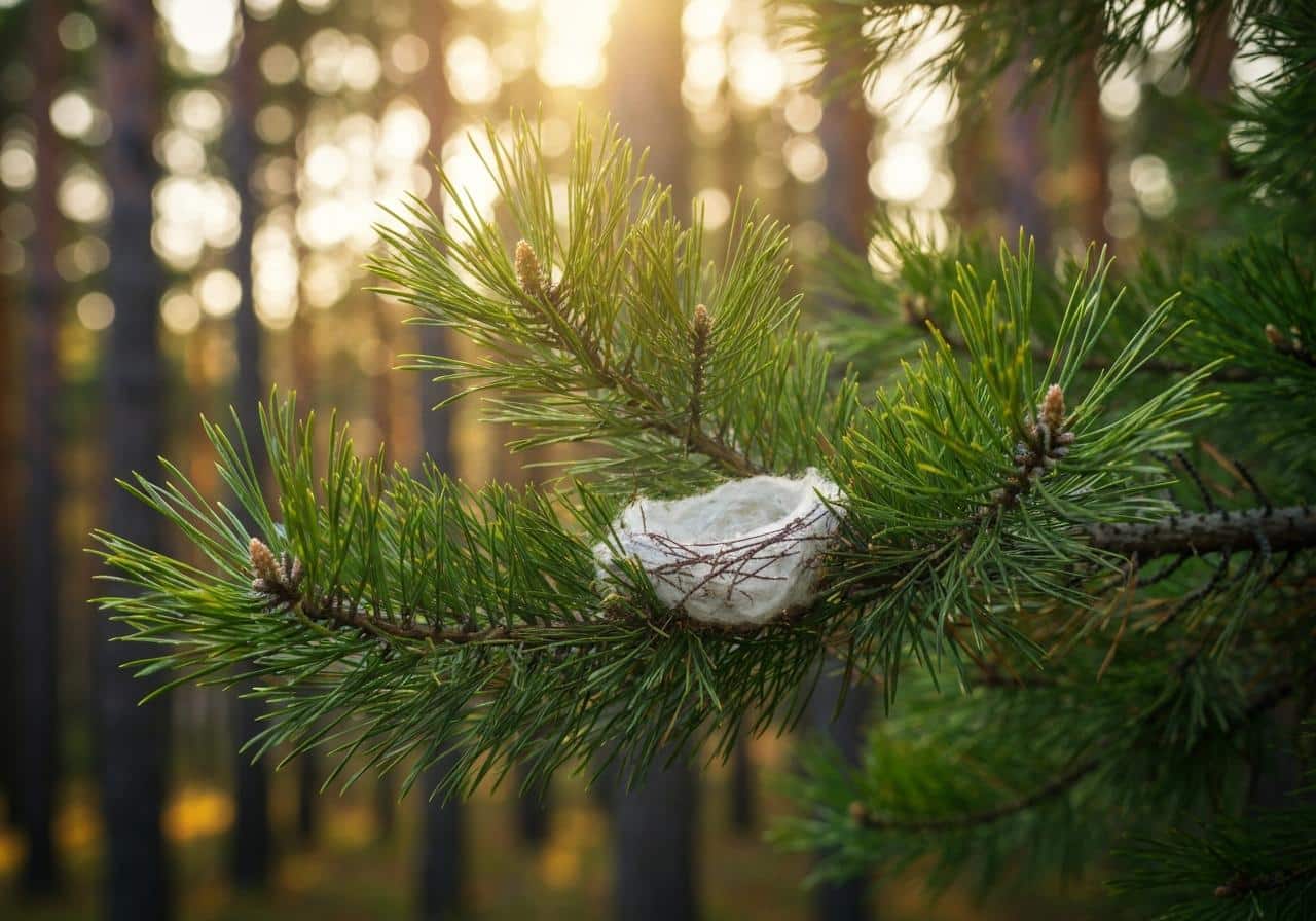 Nid processionnaire en formation sur branche de pin en automne
