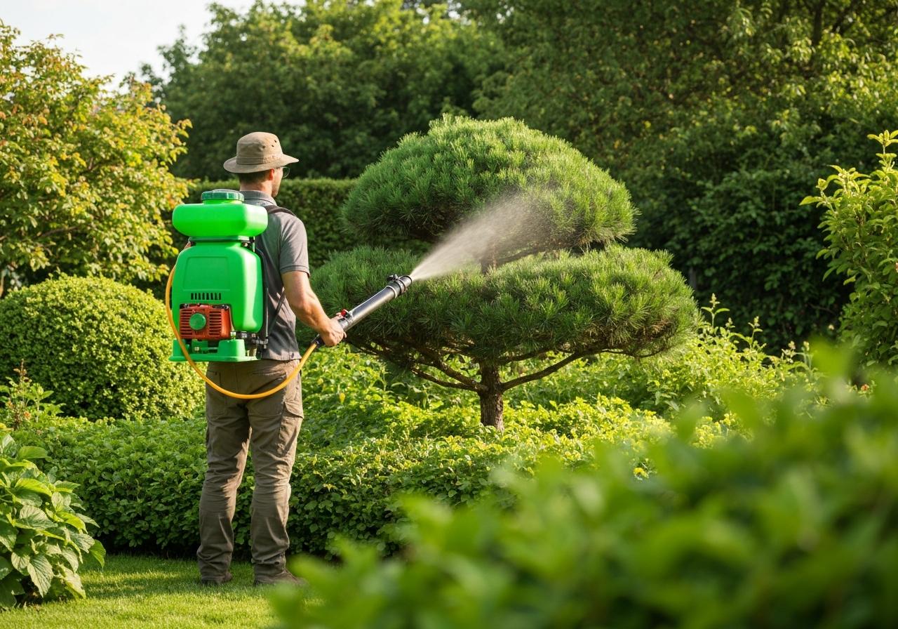 Pulvérisation Btk sur pin parasol dans jardin privé