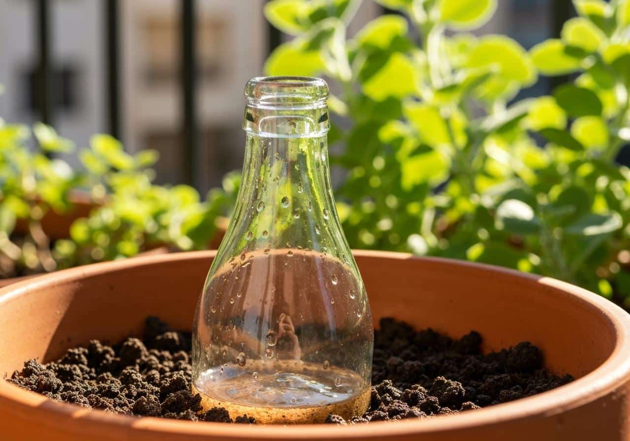 Bouteille plastique retournée plantée dans pot de terre