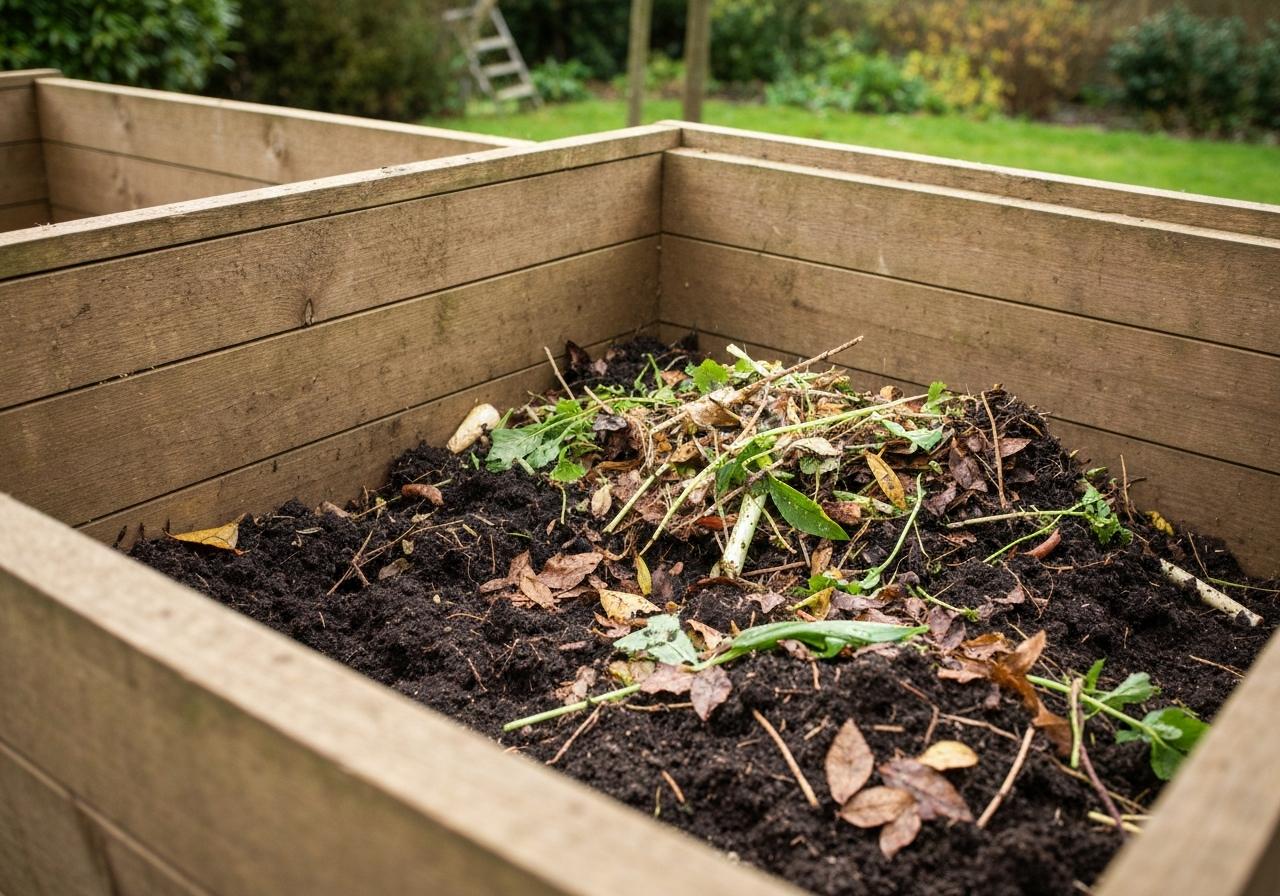 Composteur de jardin en bois avec matière organique décomposée