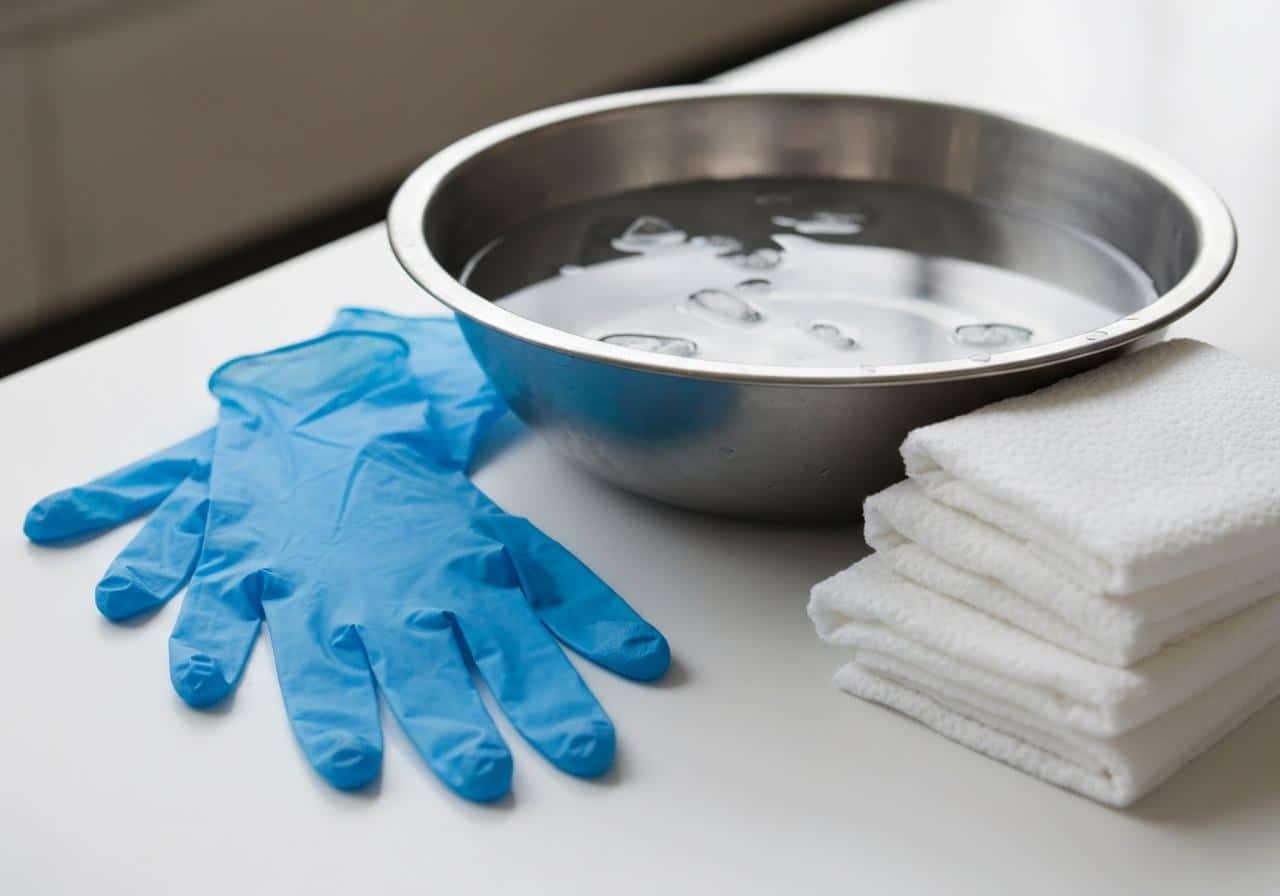 Gants de protection posés près d'un bol d'eau froide