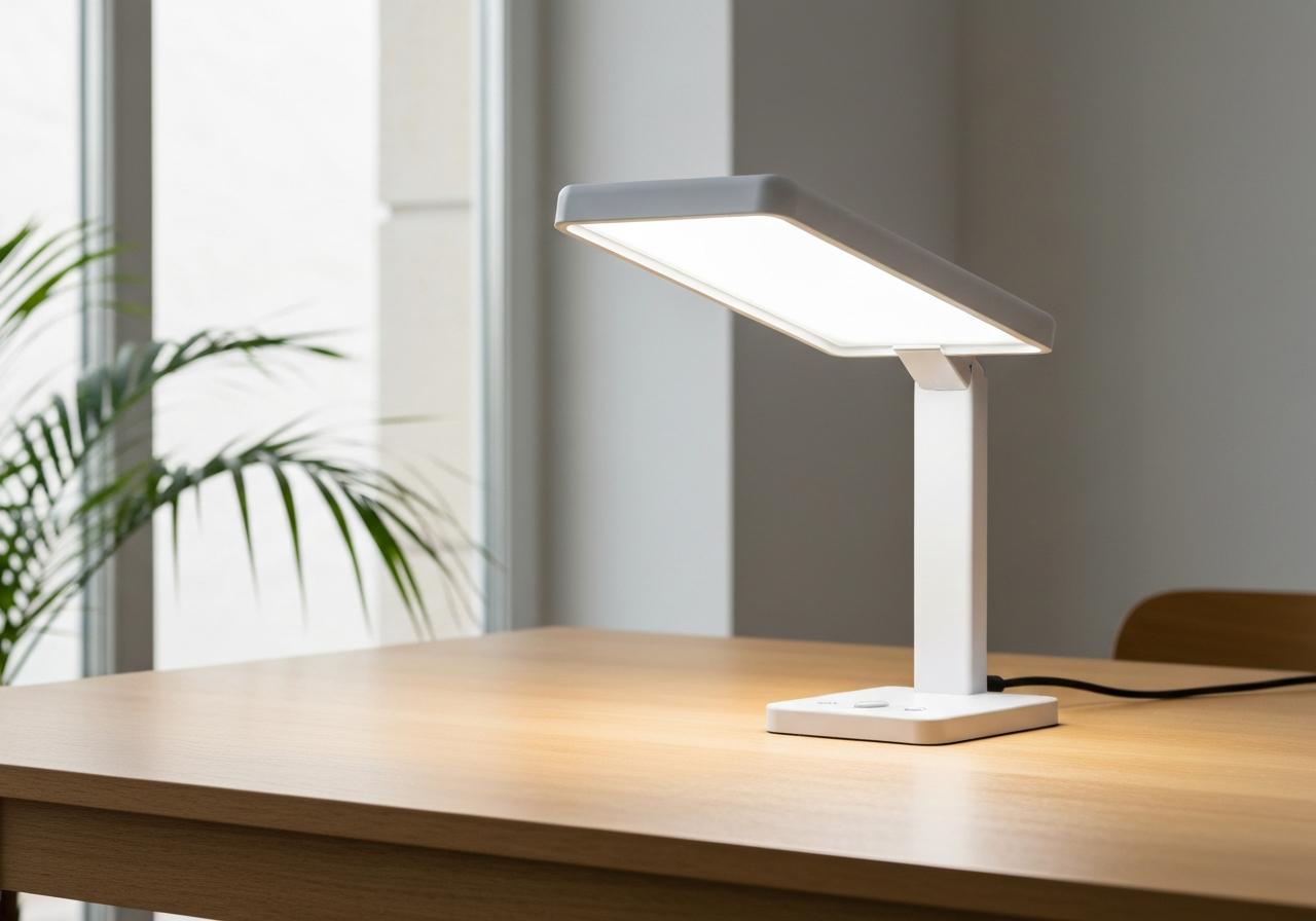 Lampe de luminothérapie blanche sur bureau en bois clair