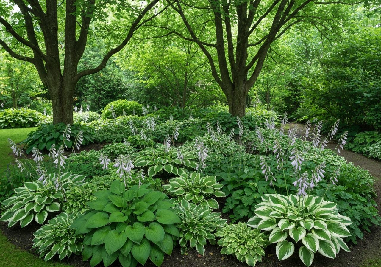 Massif de hostas et fougères en jardin ombragé