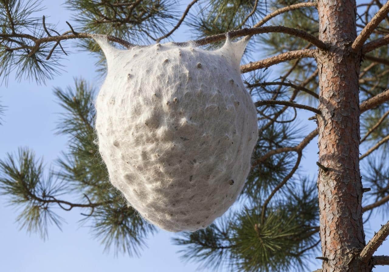 Nid blanc cotonneux de chenilles processionnaires dans un pin