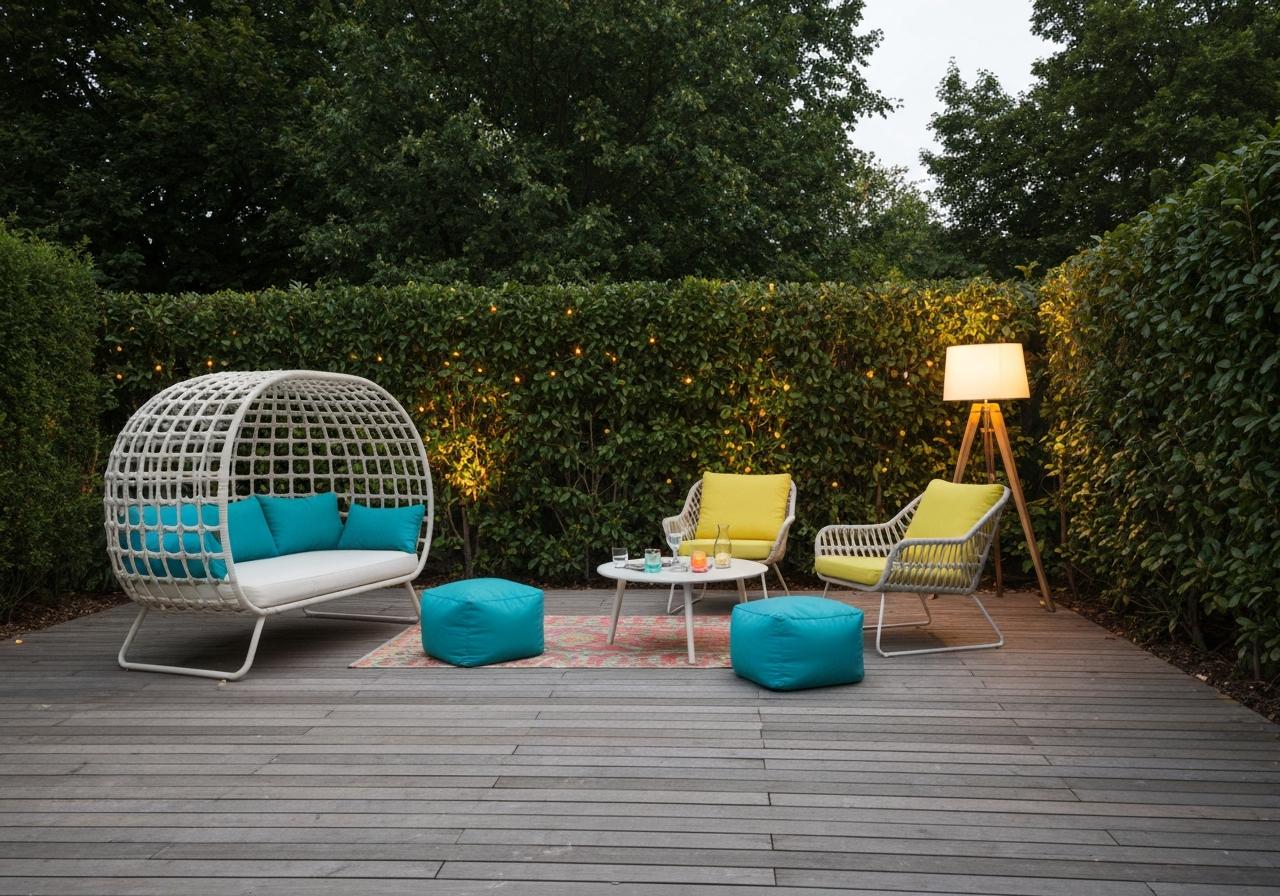 Terrasse ombragée avec mobilier blanc et coussins colorés