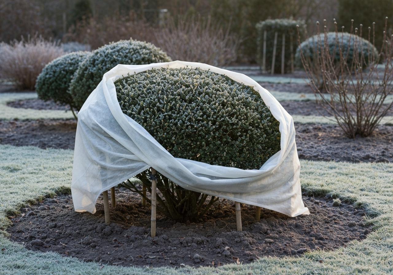 Arbuste de jardin enveloppé dans un drap blanc en hiver