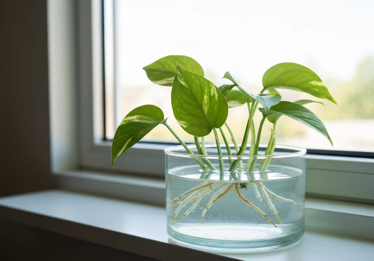 Bouture de Pothos dans bocal en verre transparent