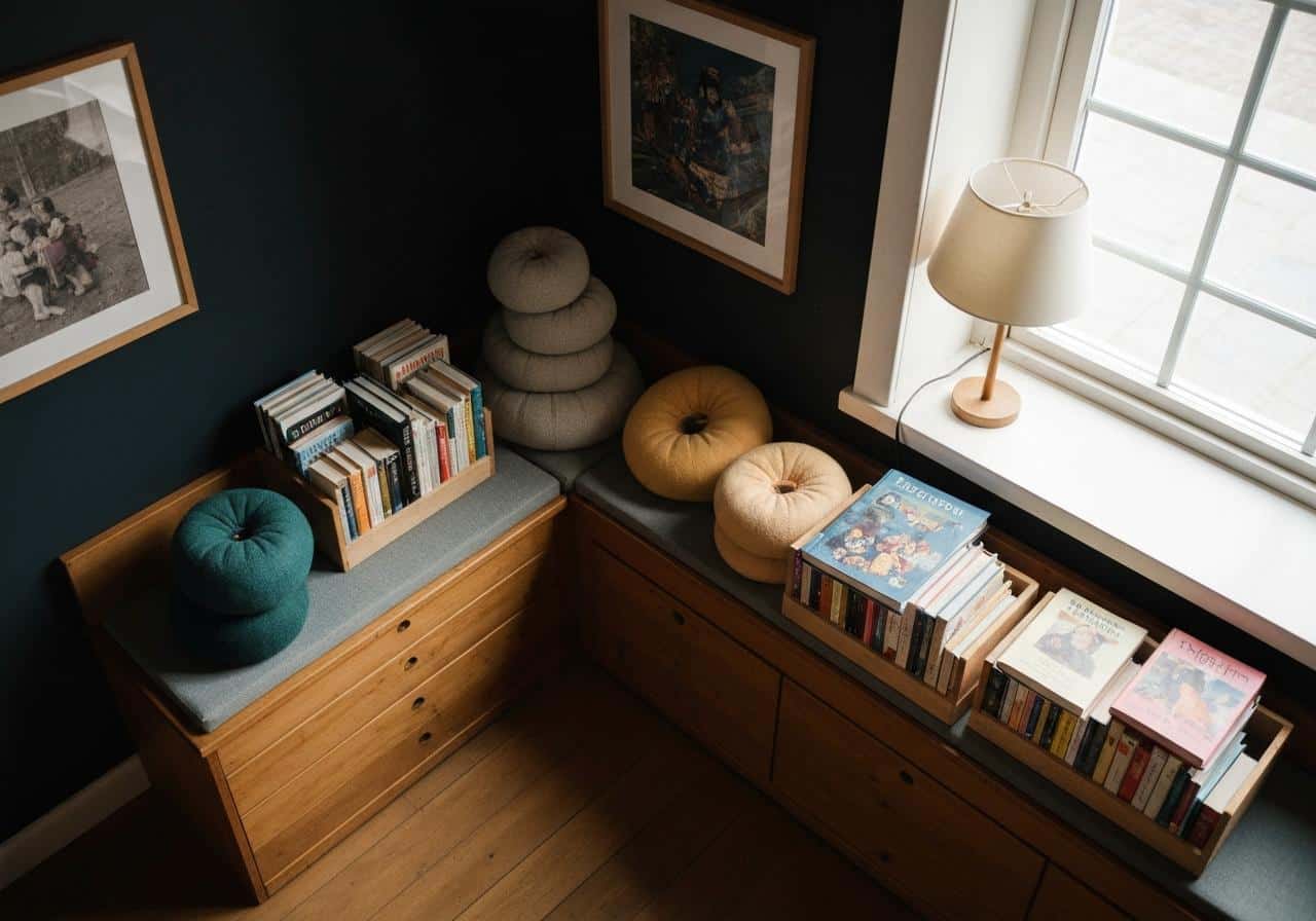 Coin lecture cosy sous escalier avec coussins et étagères