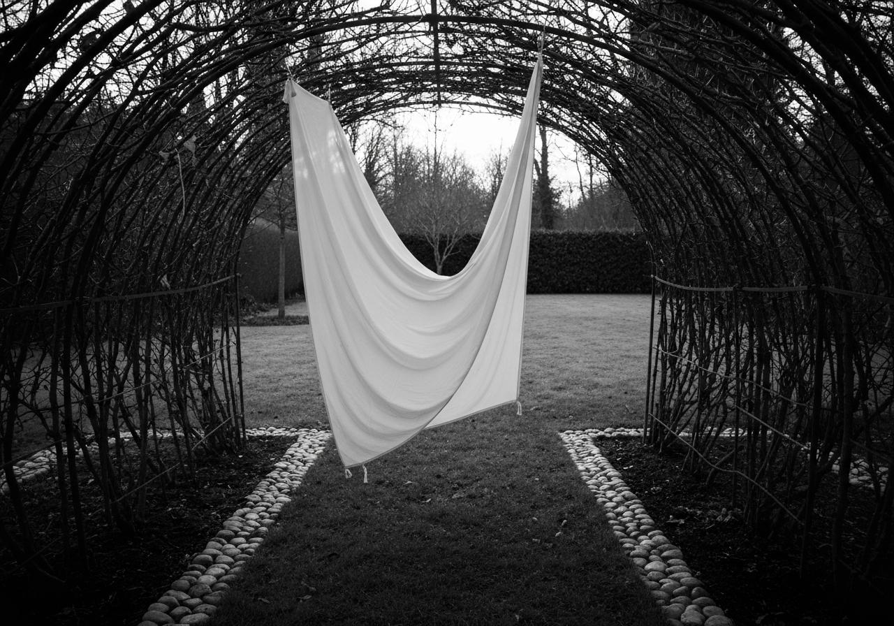 Drap blanc drapé en tente sur arbuste jardin hivernal