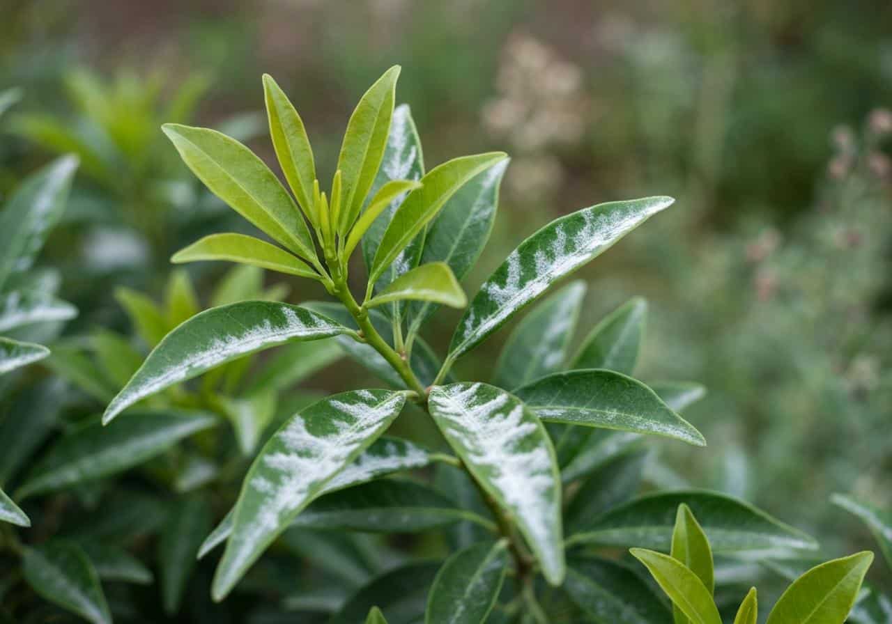 Feuilles d'oranger du Mexique avec taches blanches d'oïdium