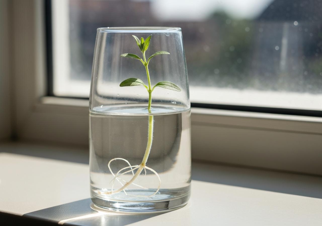 Verre transparent avec bouture herbacée verte dans l'eau