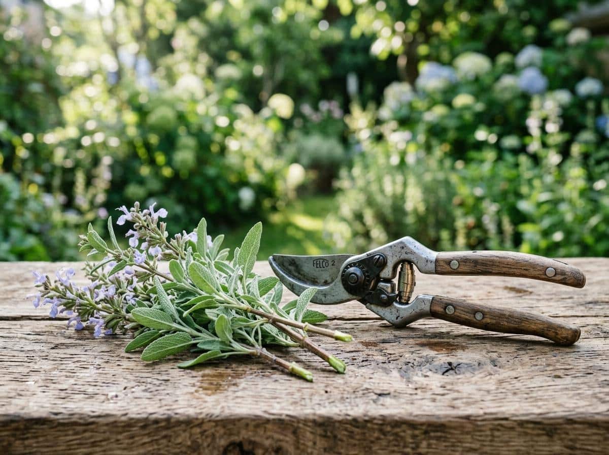 Sécateur posé près d'un pied de sauge arbustive au jardin