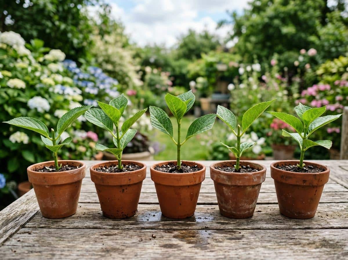Boutures d'hortensias en pot à mi-ombre dans un jardin
