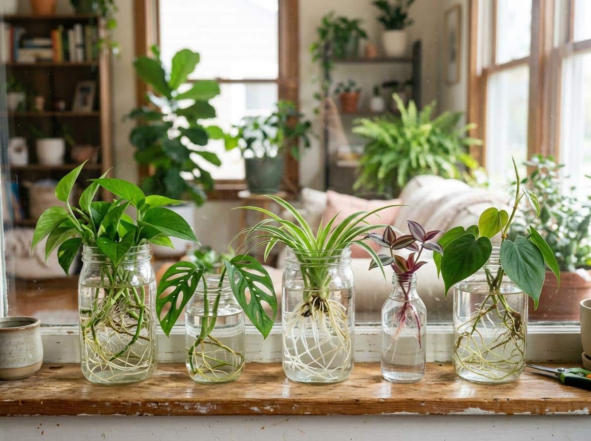 Boutures de pothos et tradescantia dans bocaux en verre