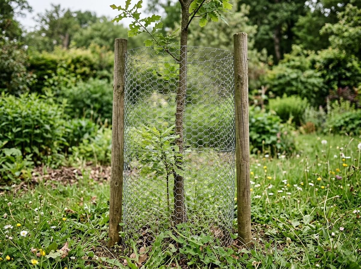 Grillage galvanisé posé autour d'un jeune tronc d'arbre