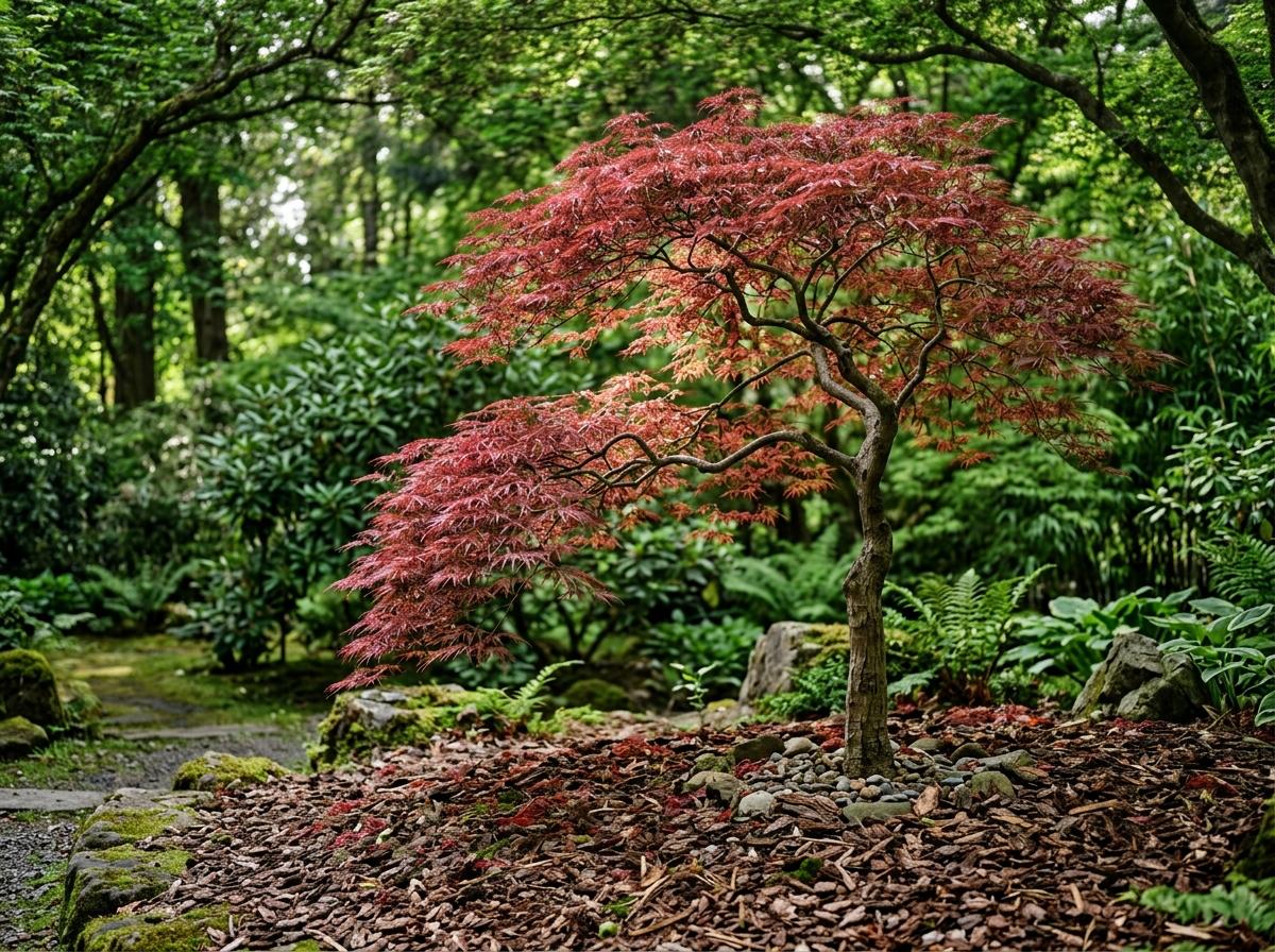 Érable du Japon à feuillage rouge en mi-ombre jardin