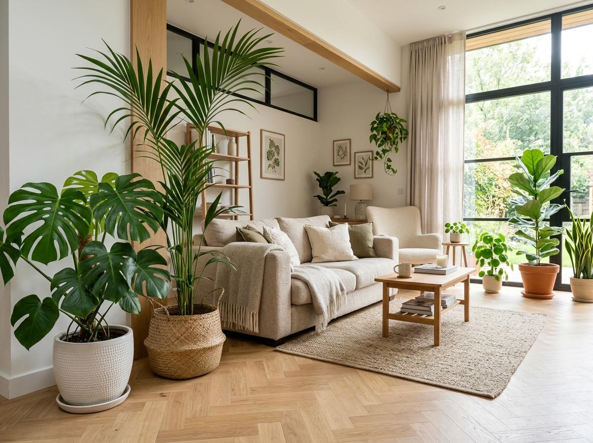 Monstera et Kentia dans un salon lumineux moderne