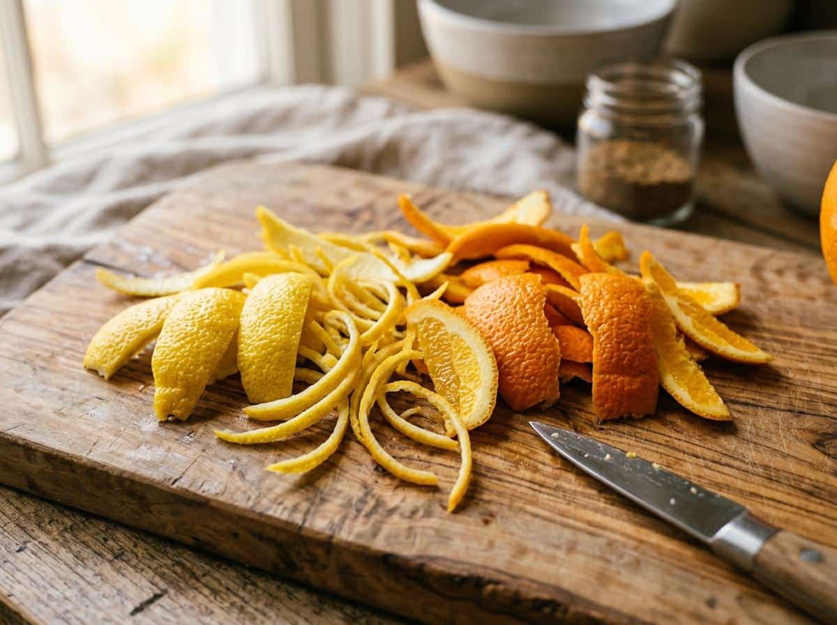 Zestes de citron et d'orange sur surface en bois