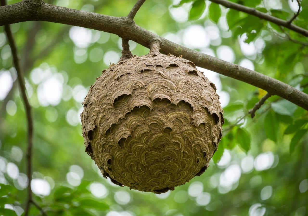 Nid de frelon asiatique en papier brun dans arbre