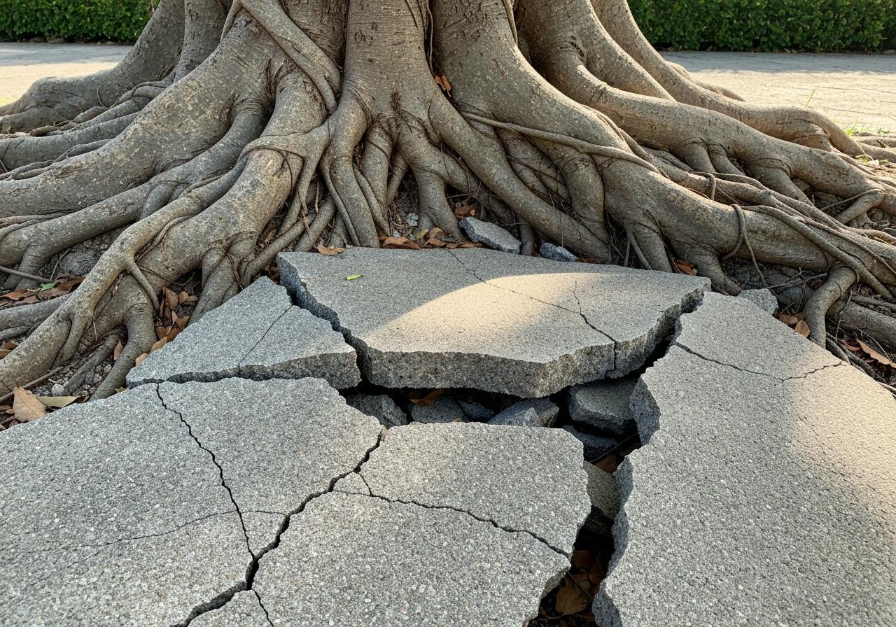Racines de cyprès soulevant une dalle de terrasse en béton