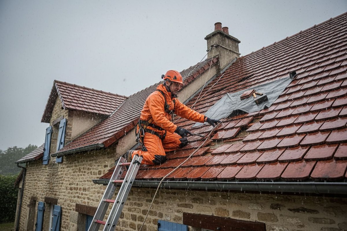 Couvreur travaillant sur un toit pluvieux