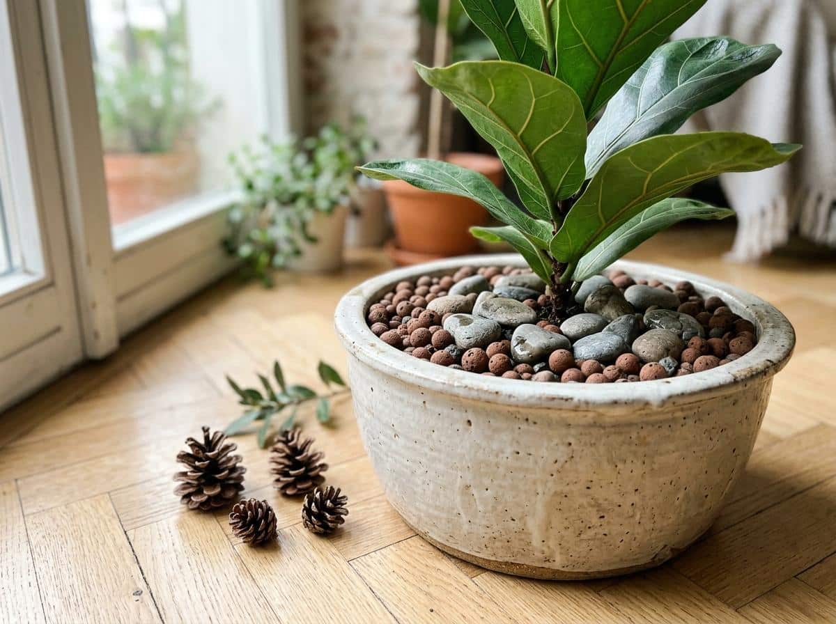 Pot d'intérieur dont la terre est couverte de billes d'argile