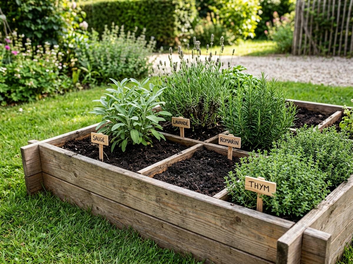 Carré potager en bois rempli d'herbes aromatiques