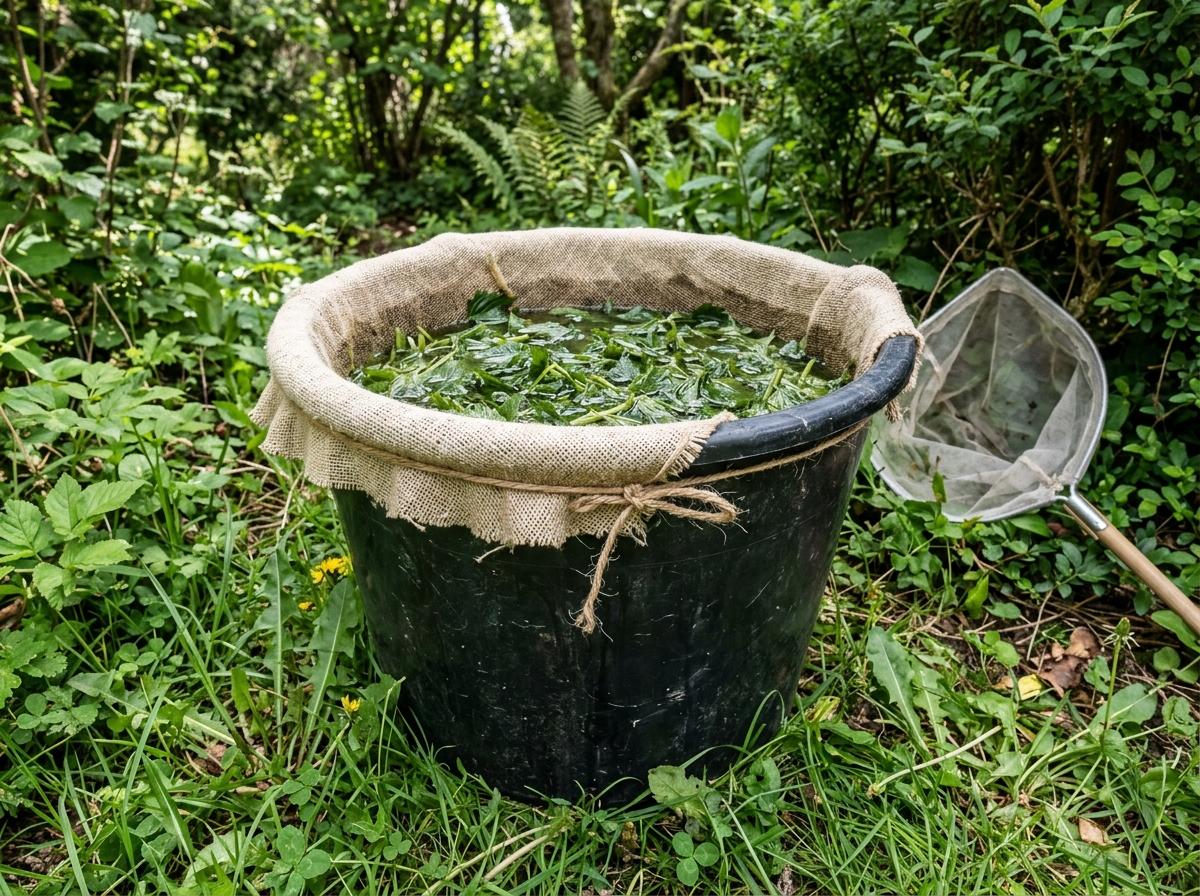 Seau en plastique rempli d'orties macérant sous un tissu