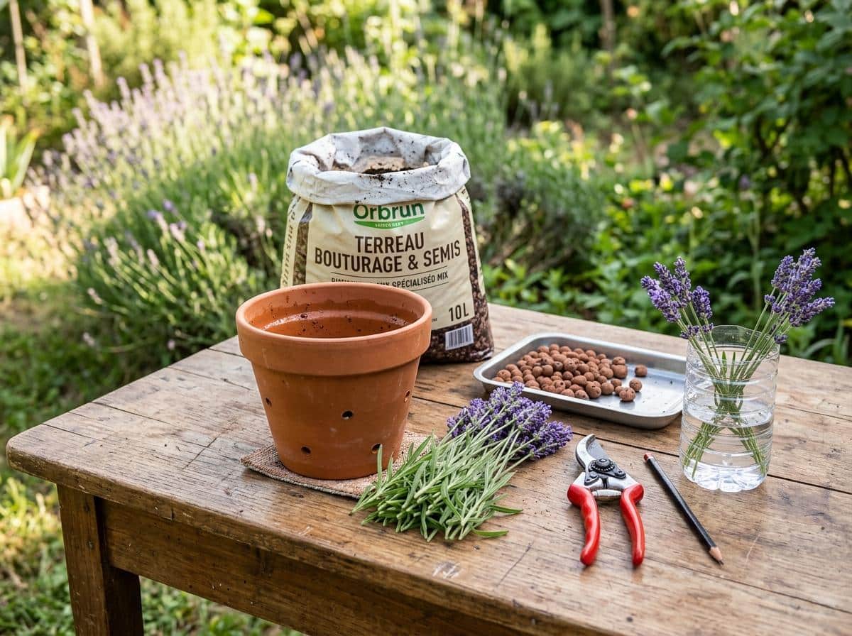 Matériel de bouturage de lavande posé sur une table