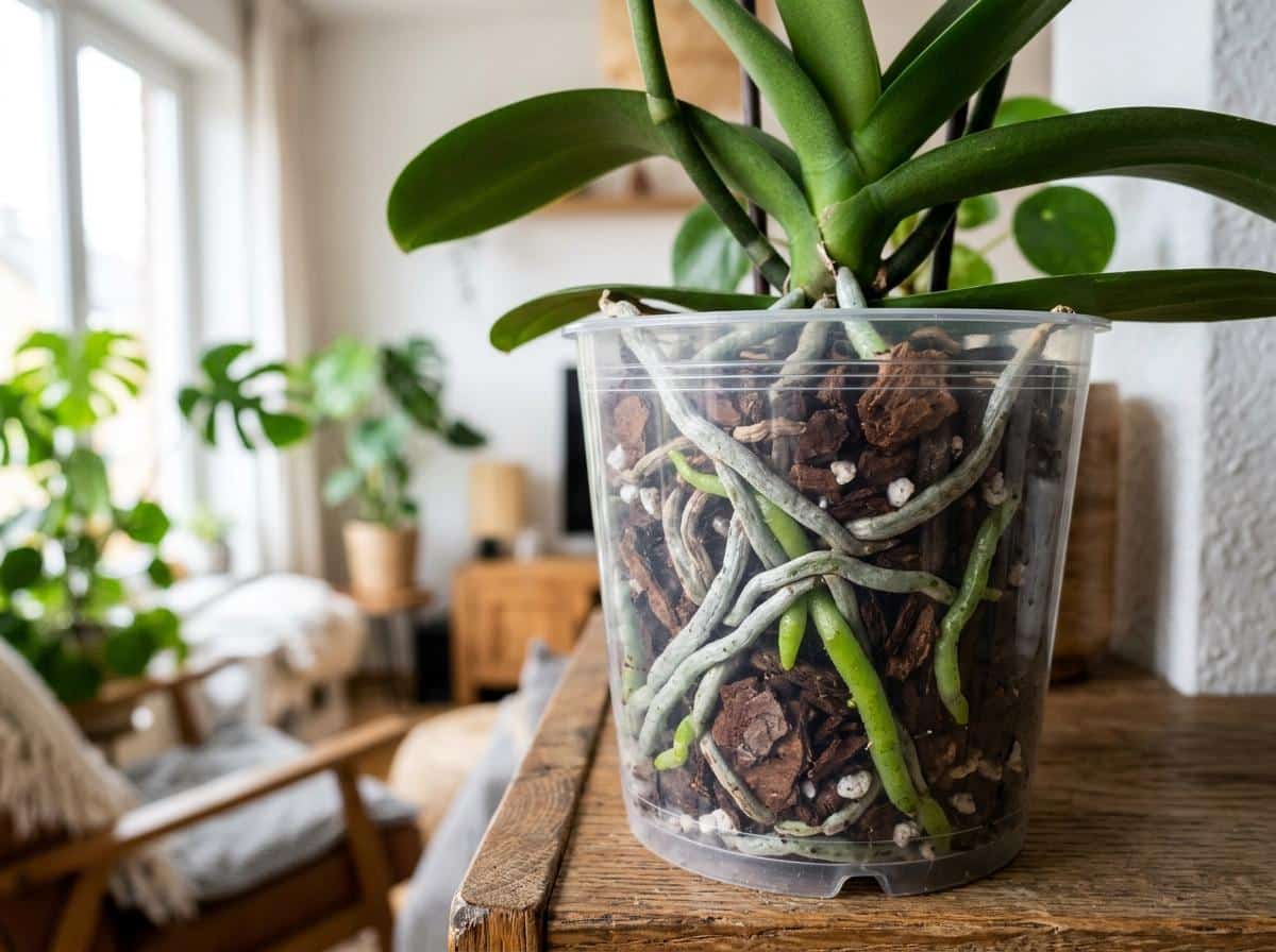 Racines argentées d'orchidée dans pot transparent