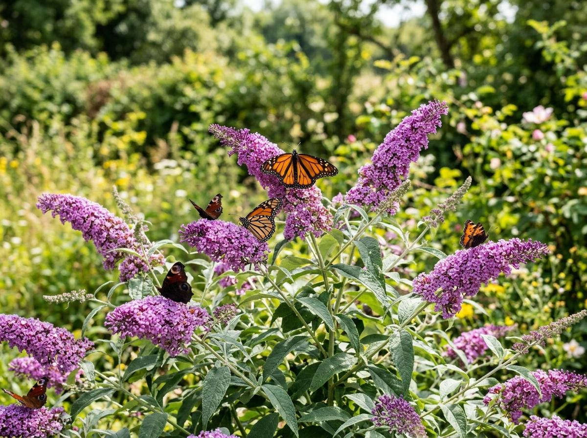 Buddleia en fleurs avec papillons au jardin