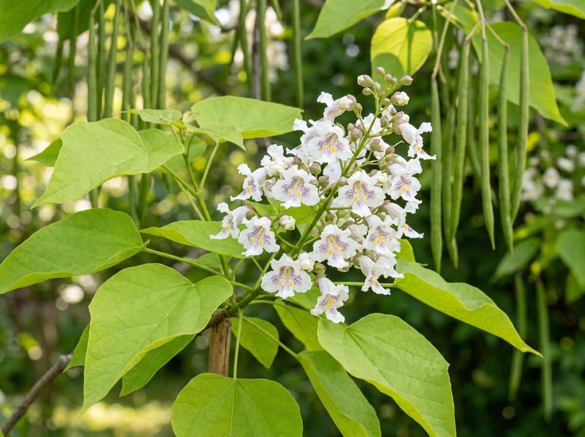 Feuilles en cœur et grappes blanches de catalpa